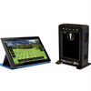 Image of ernest sports es16 golf launch monitor and simulator shown with a tablet and course